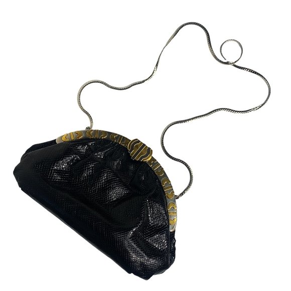 Finesse La Model Vintage Snakeskin Black Egyptian Metal Clutch Crossbody Bag - Picture 3 of 12